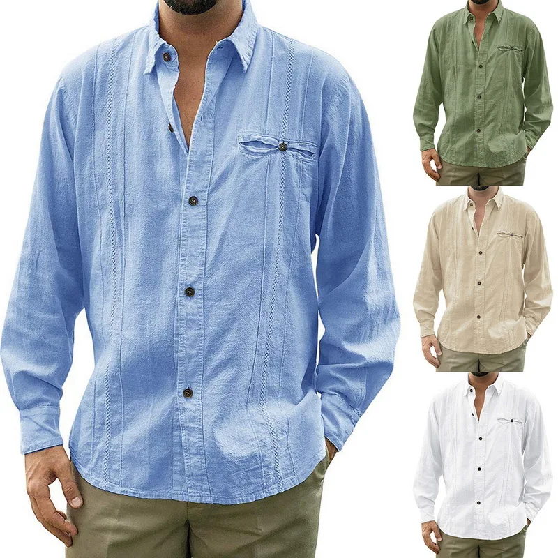 Shujin мужские свободные кубинские Camp Guayabera льняные рубашки повседневные пляжные рубашки на пуговицах Loose свободная Однотонная рубашка с длинными рукавами