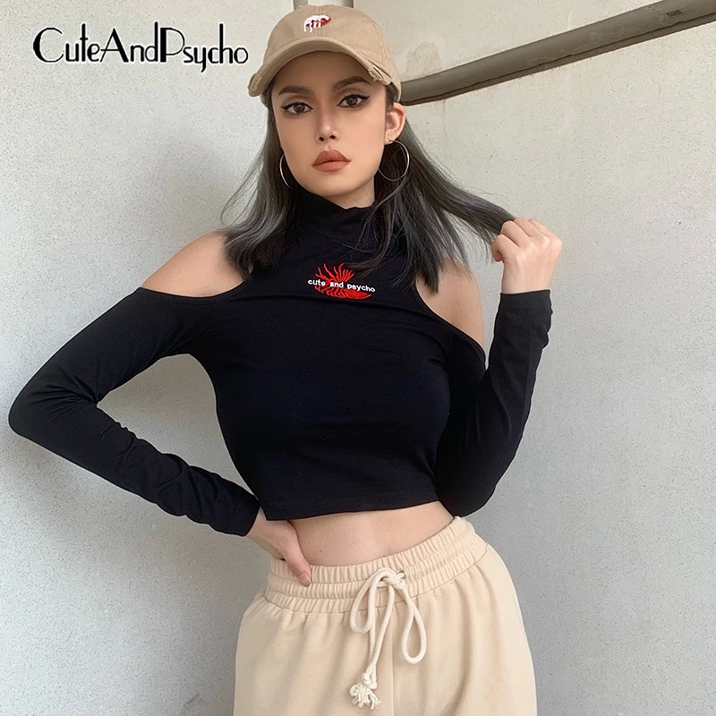 

Embroidery Cold Shoulder T-shirts Women Bodycon Long Sleeve Tshirt Letter Crop Tops Basic Tee Shirt Casual Fashion Cuteandpsycho