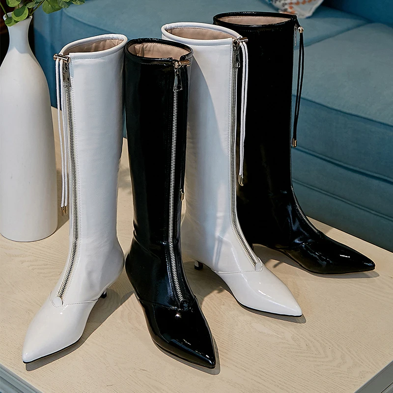 

Women's genuine leather low kitten heel pointed toe front zip winter over the knee boots sexy ladies fringe fashion winter shoes