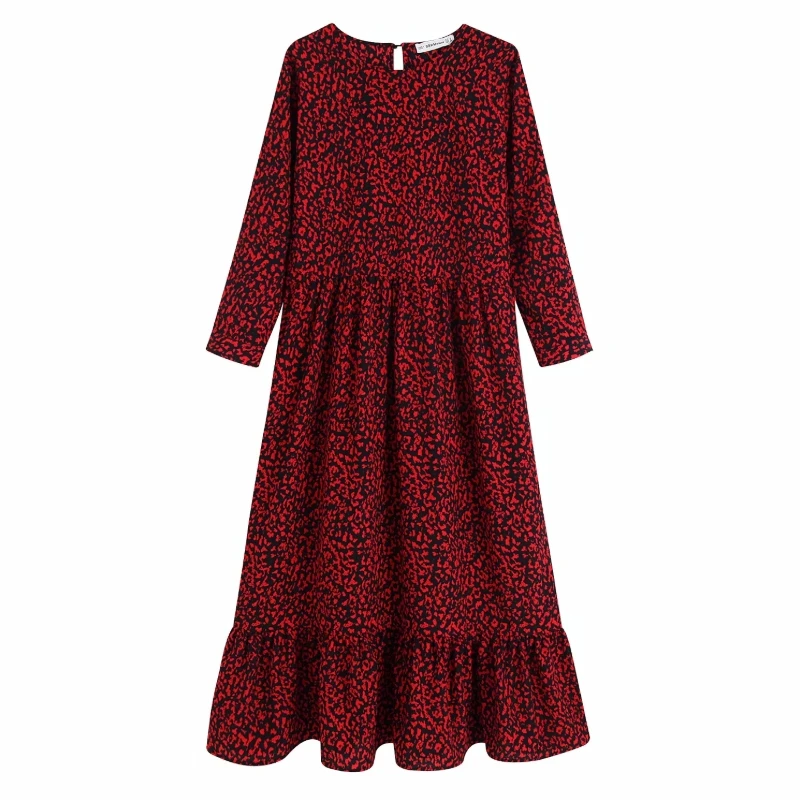 

Leopard Print Women Nine Quarter Sleeve Midi Dress 2019 Autumn Leisure lady O Neck Ruffled Hem Loose Dresses D3515