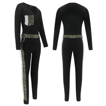 

Hirigin Womens V-neck Leopard Printed Stretch Bodysuit Romper Sport Long Sleeve Playsuit