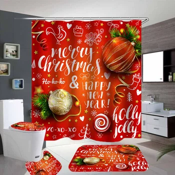 

Christmas Tree Bathroom Full Set Ornaments Ball Lollipop Waterproof Shower Curtain 3Pcs/4Pcs Non-Slip Mat Toilet Lip Cover