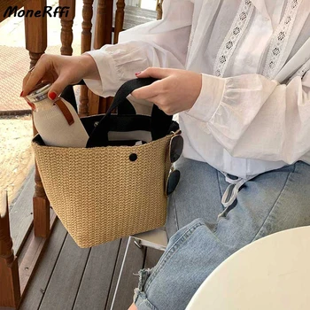 

Casual Rattan Women Handbags Summer Beach Straw Bags Wicker Woven Female Totes Large Capacity Lady Buckets Bag Travel Purse 2020