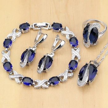 

Oval Blue Synthetic Zircon White CZ 925 Sterling Silver Jewelry Sets For Women Earrings/Pendant/Necklace Kits/Rings/Bracelet
