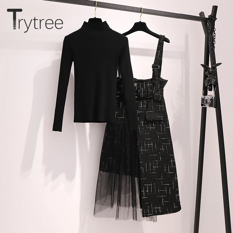 Trytree, Осенний Женский комплект из двух предметов, повседневная водолазка, однотонный черный топ+ платье, ремень, пуговица, пэчворк, комплект из 2 предметов