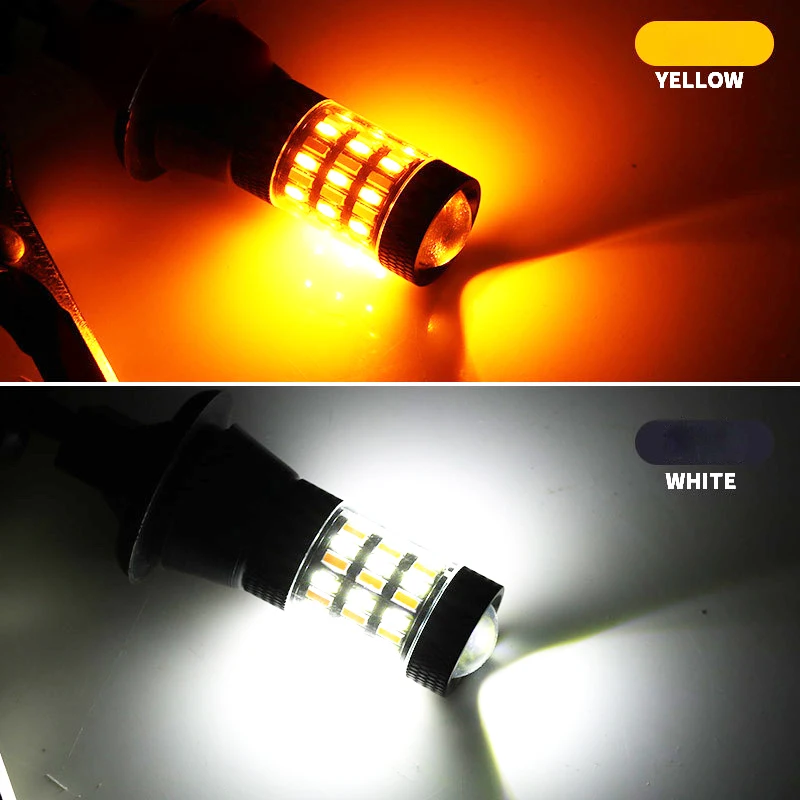 2pcs 1156 BA15S BAU15S T20 7440 Socket Dual Color Switchback LED Bulb P21W S25 7440 4014 66LED Daytime Running Turn Signal Lamps