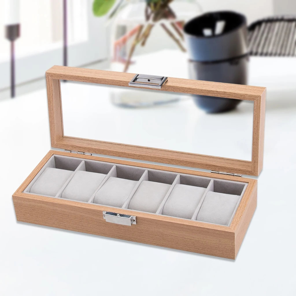 6 Slots Watch Display Case Wooden Glass Top Jewelry Storage Organizer Box