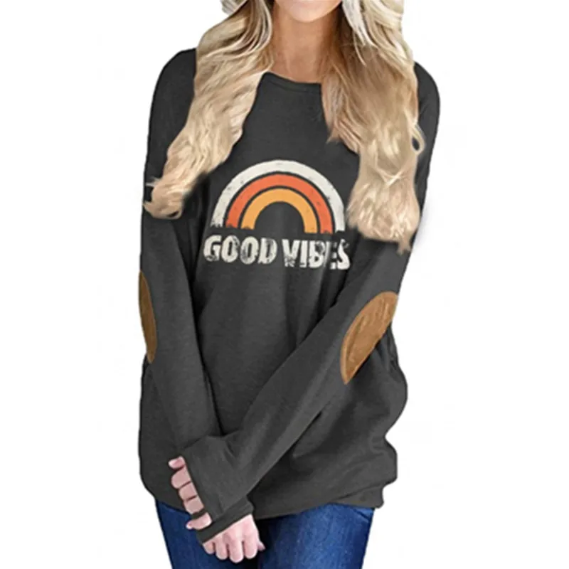

Crew Neck Long Sleeve Elbow Patch Sweatshirt Rainbow Letter Print Loose Casual Pullover Tops Autumn Winter Clothing