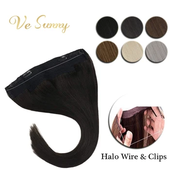 

VeSunny Invisible Wire Halo Hair Extensions Human Hair Flip in Fish Line with 2 Clips on Machine Made Remy Hair Solid Color