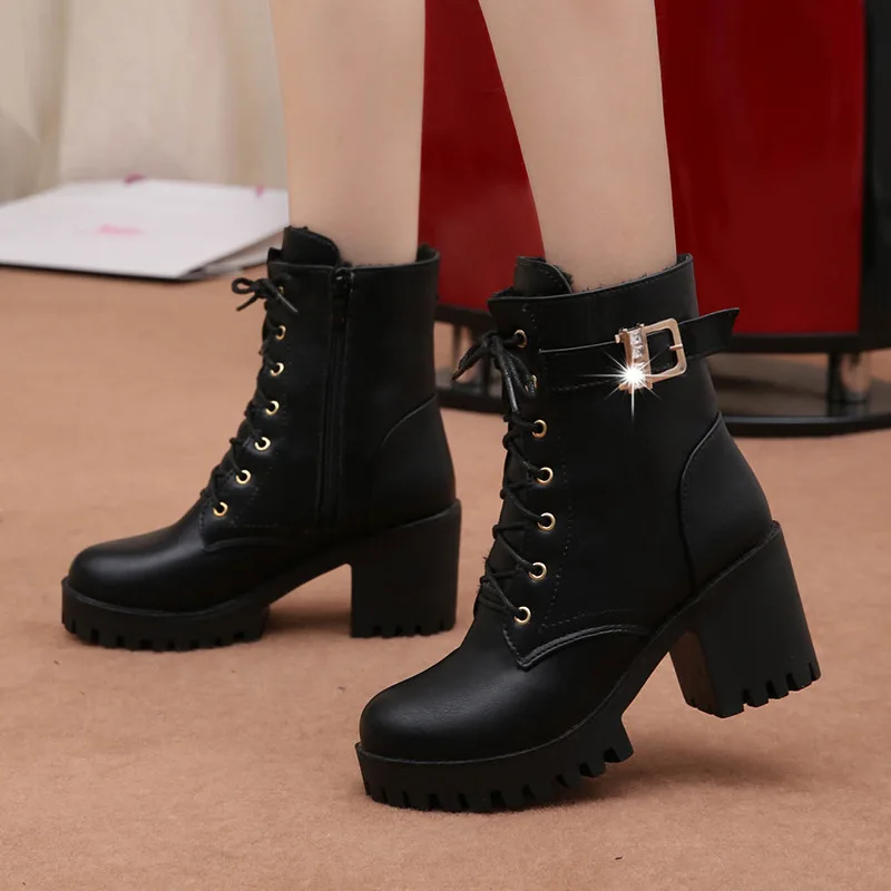 

Ankle Round Toe High Motorcycle Boots Women Solid Fashion Lace Up Boots Casual Concise Punk Ladies Shoes