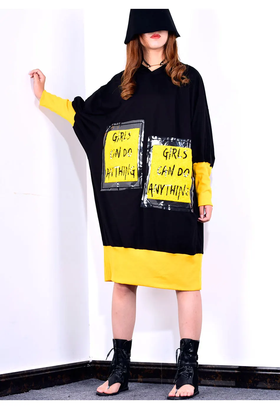 XITAO Tide письмо карман платье средней длины в стиле пэчворк рукав «летучая мышь» шляпа свободного покроя плюс размер платье женщины корейский стиль WQR1949