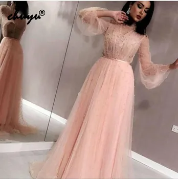 

Nude Pink Evening Dresses A-line Long Sleeves Lantern Tulle Pearls Islamic Dubai Kaftan Saudi Arabic Evening Gown Prom Dress