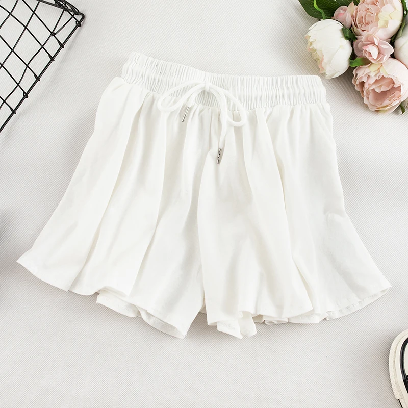 WHITE HELIAR Drawstring Женские однотонные шорты с высокой талией эластичная талия Повседневная широкая верхняя одежда шорты INS горячие шорты для бега - Цвет: WHITE
