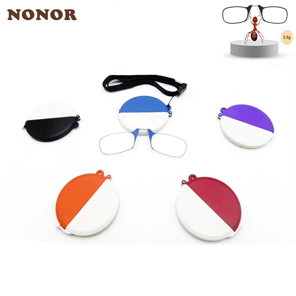 

NONOR Men Reading Glasses Neck Hanging Glasses Mini Nose Clip On Reader Rimless Wallet Magnifying Presbyopia Eyewear With Case