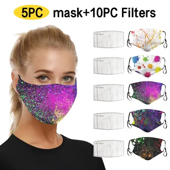 

5PC Face Masks With 10 PCS Filters Fashion Printing Mouth Masks Dustproof Windproof Foggy Haze Face Mouth Cover Masque Mascarar