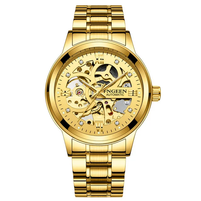 FNGEEN мужские часы с изображением скелета автоматические механические золотистые часы-скелетоны винтажные мужские часы лучший бренд Роскошные водонепроницаемые часы - Цвет: steel gold