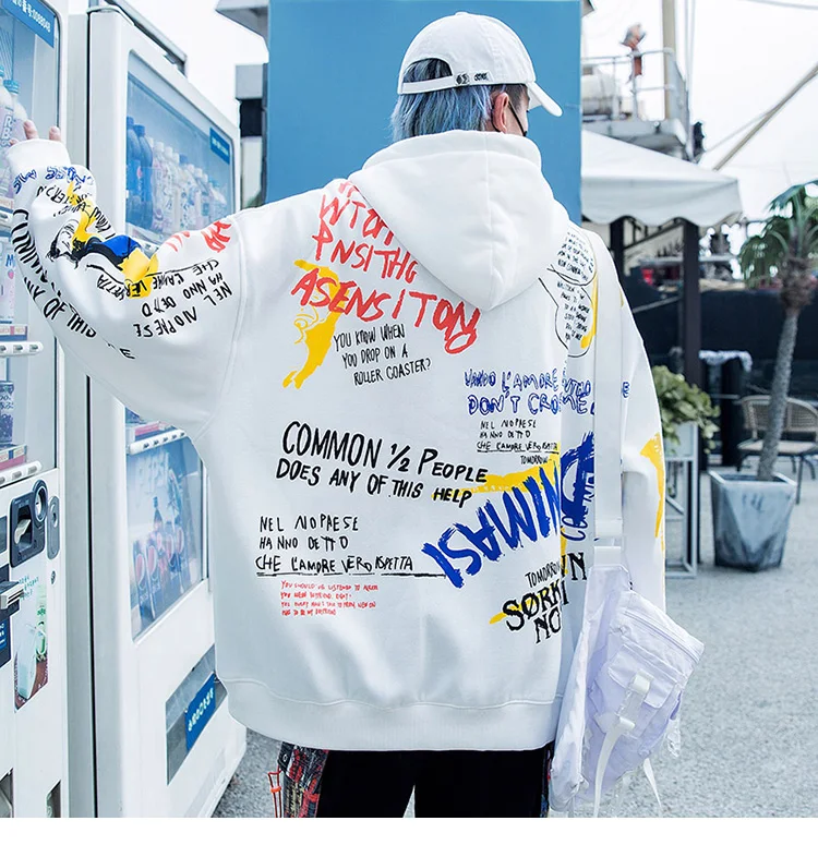 Мужская толстовка с капюшоном в стиле хип-хоп с граффити, Harajuku, уличная одежда, пуловер с капюшоном, хлопок, Осень-зима, с графическим принтом, черная толстовка с капюшоном