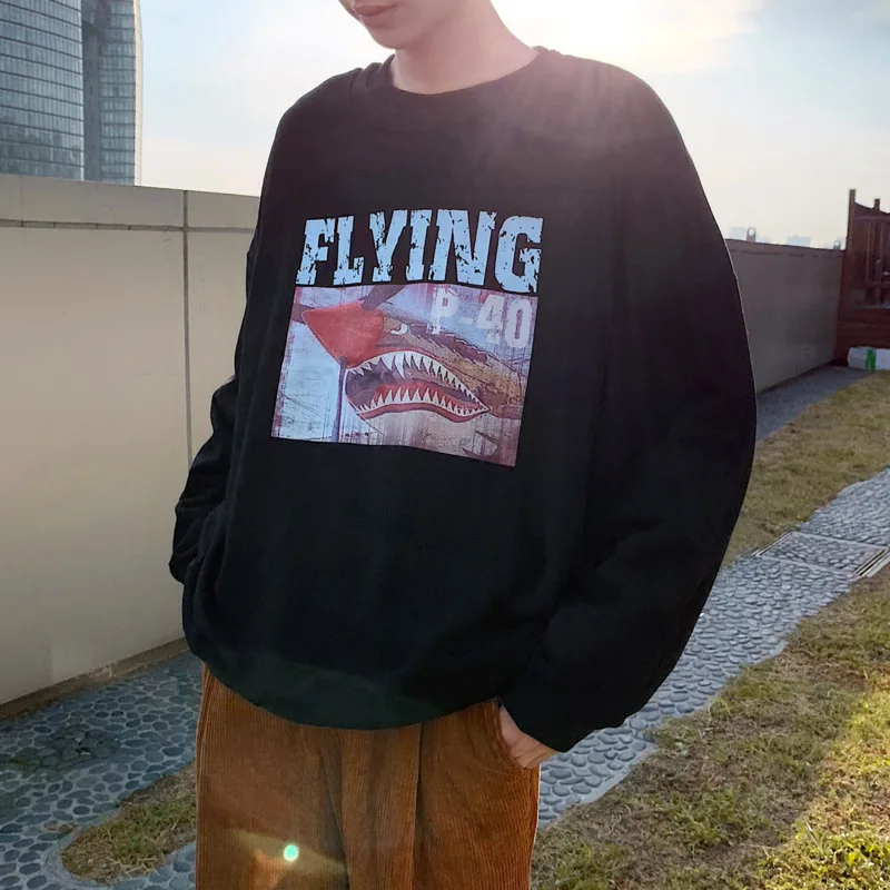 

2019 Autumn And Winter Men's New Casual Contrast Color Pattern Letter Printing Round Neck Hoodies Loose Temperament Trend Cotton