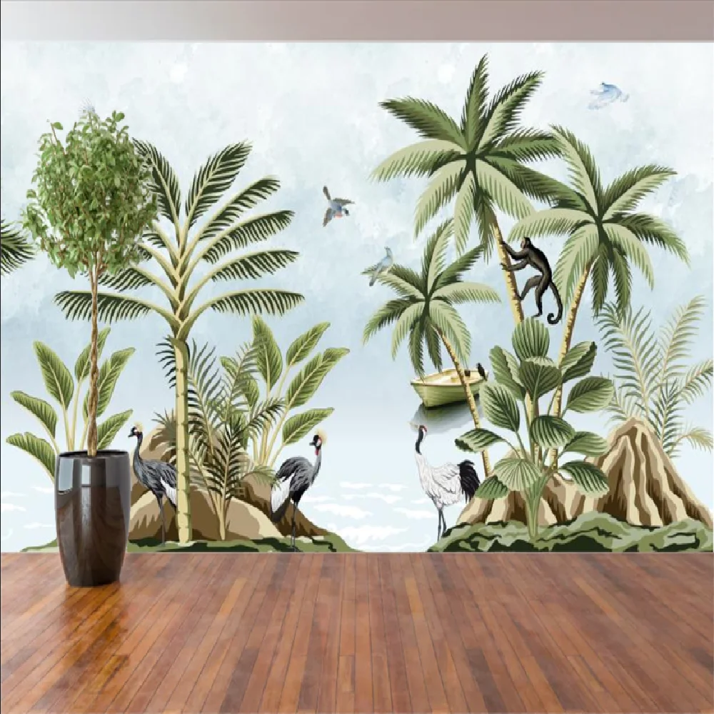 

Milofi custom wallpaper mural Nordic hand-painted small fresh tropical rainforest landscape background wall decorative painting