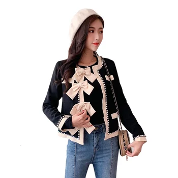 

Autumn New High Quality Women Fashion Bow Beading Diamond Black Woolen Short Jacket Coat 2019 Luxury Long Sleeve O-Neck Top