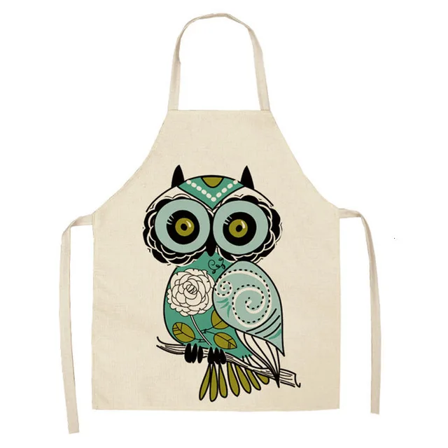 1Pcs Cartoon Owl Printed Kitchen Apron for Woman Sleeveless Cotton Linen Aprons For Cooking Home Cleaning Tools WQCN38
