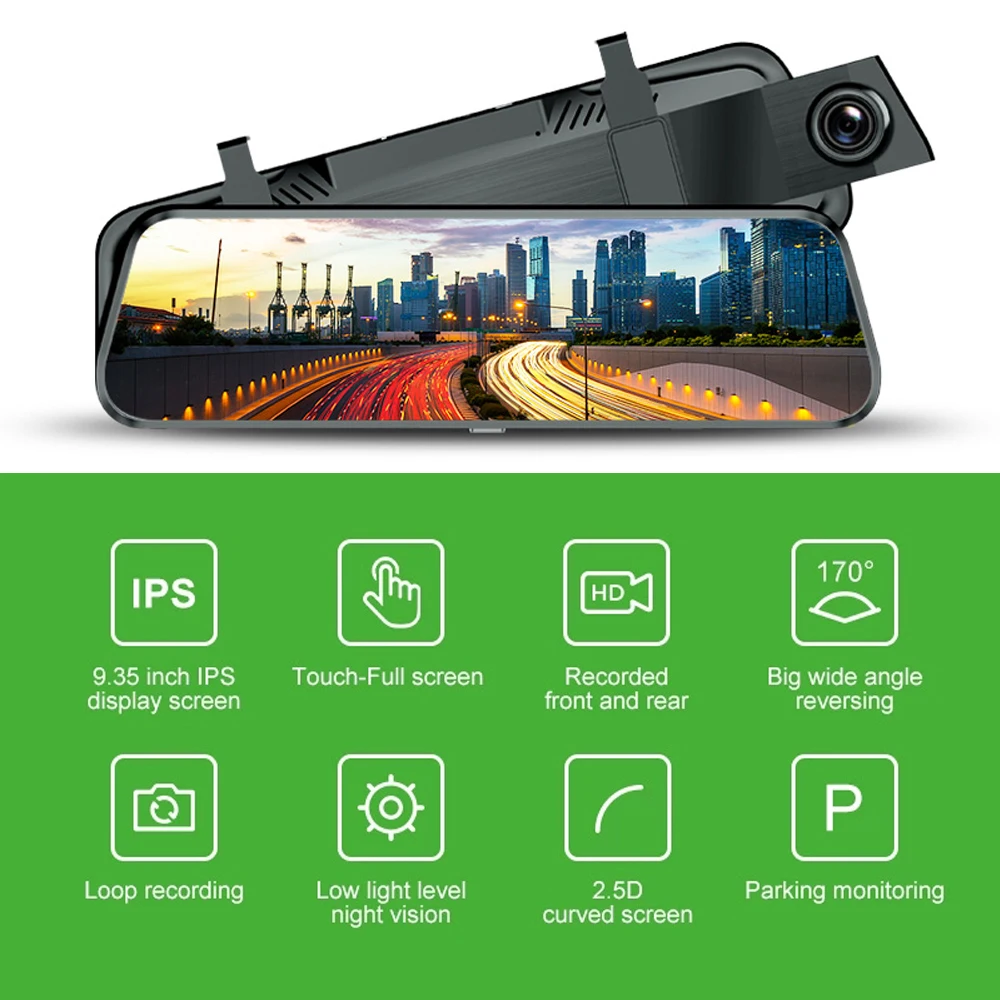 R-Way Dash Cam для автомобиля, 2.5D ips изогнутое зеркало Автомобильный видеорегистратор DVR с 160 градусов камера заднего вида, 1080P HD видео Rec черный ящик