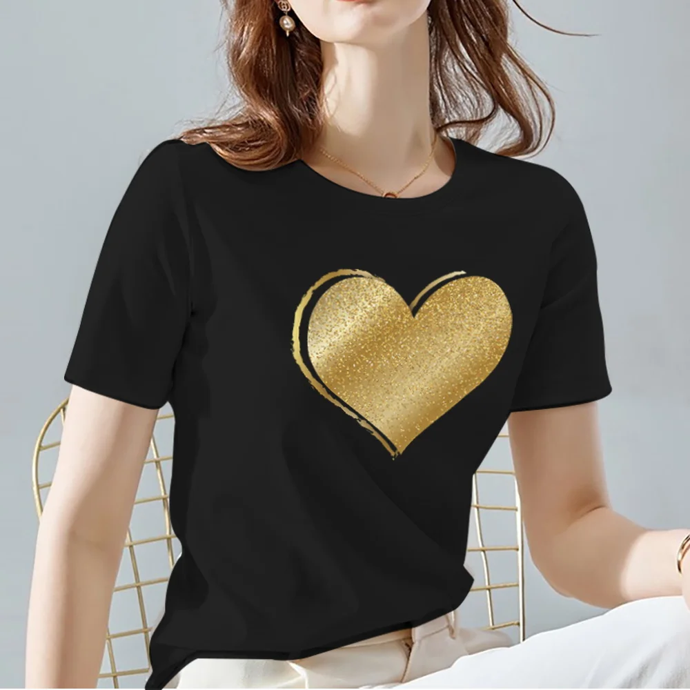 Women Tops Tee Black All-match Casual Ladies T-Shirts O Neck Love Heart Pattern Print Commuter Short Sleeve Women's Clothing friends t shirt Tees