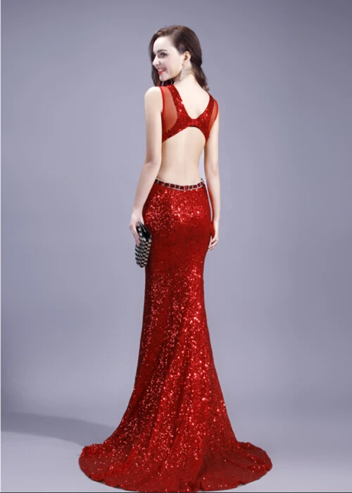 Vestido de festa longo, красное расшитое блестками, новинка,, сексуальное, с открытой спиной, Русалка, модное, для выпускного вечера, вечерние платья с кристаллами,, Платья для подружек невесты