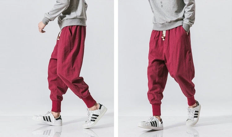 Hip Hop Cotton Harem Pants Men Solid Elastic Waist Streetwear Joggers New Baggy Drop-crotch Pants Casual Trousers Men