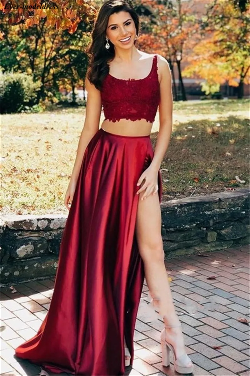 

Two Pieces Evening Dresses Long Lace Appliques Open Back High Split Sexy Formal Party Gowns Prom Dress Cheap 2020