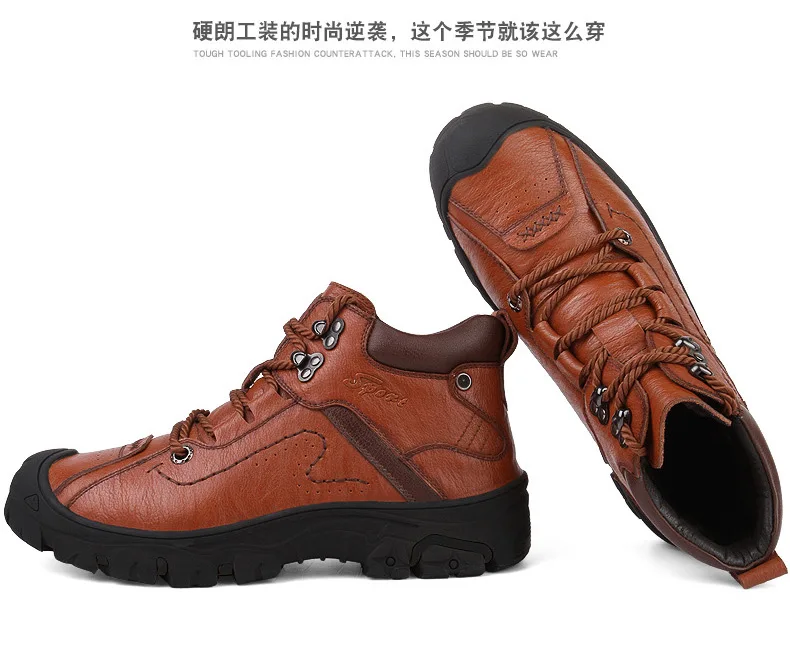Genuine Leather Shoes Men Russian style Men Snow Boots Plus Size Top Quality Leather Ankle Boots Lace-up Warm Winter Shoes