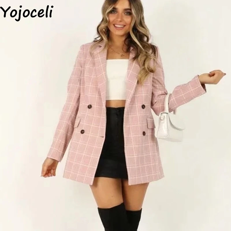 Yojoceli элегантный клетчатый женский Блейзер Женский Осенний двубортный женский блейзер и куртки Зимний Длинный блейзер женская верхняя одежда
