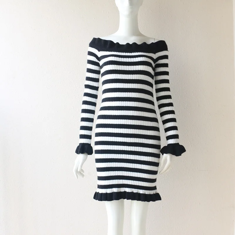 

2019 Autumn New Women's Knitted Bandage Dress Slash Neck Sexy Striped Party Dress