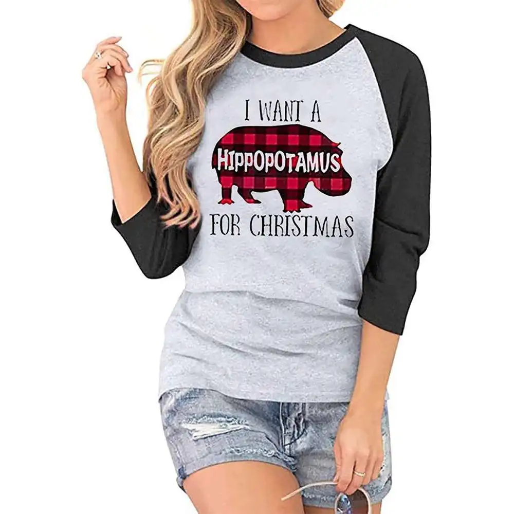 

Women Tops Christmas Hippopotamus Print O Neck Raglan Three Quarter Casual Wearing Clothes Bottom