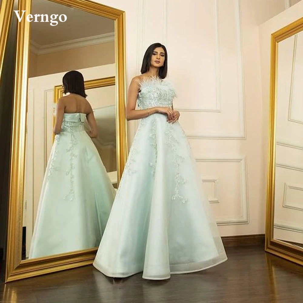 

Verngo Dubai Arabic Women A Line Formal Evening Dresses Lace Applique Beads Feather Prom Gowns Elegant Long Party Dress