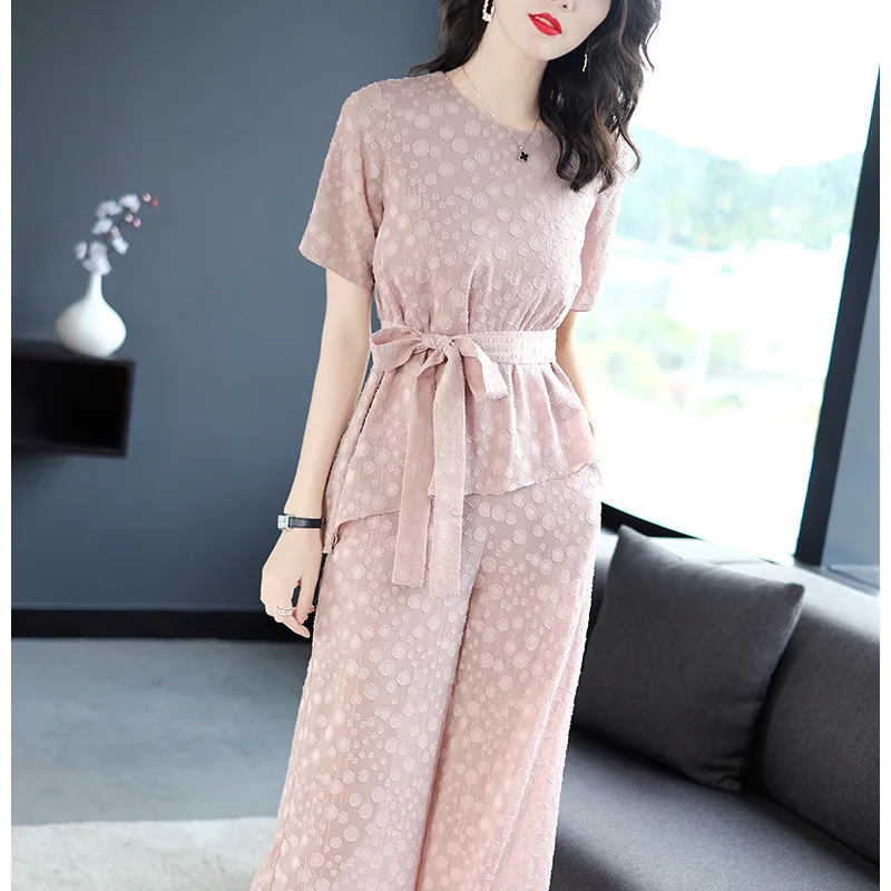 

2019 Summer New Style Pink Casual Loose And Plus-sized Polka Dot Chiffon Shirt Hoodie Loose Pants Sub-Two-Piece Set Women's