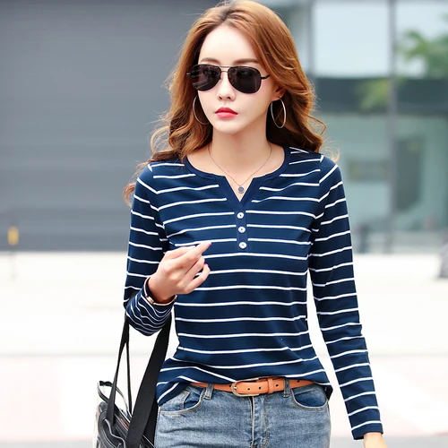 Хлопковая женская футболка с длинным рукавом, футболка в полоску, Весенняя Осенняя Женская одежда, модная женская футболка с v-образным вырезом размера плюс 7215 50 - Цвет: Синий