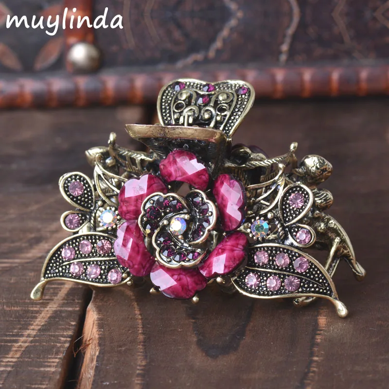 Vintage Hair Jewelry Antique Metal Flower Hair Claws Rhinestones Clip For Women Girls