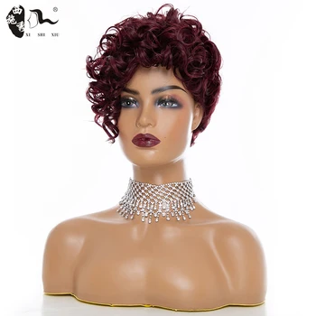 

XISHIXIU 6inches Afro kinky Curly Wig Ombre Black Red Wig With Bangs Short Synthetic Wigs for Black Women