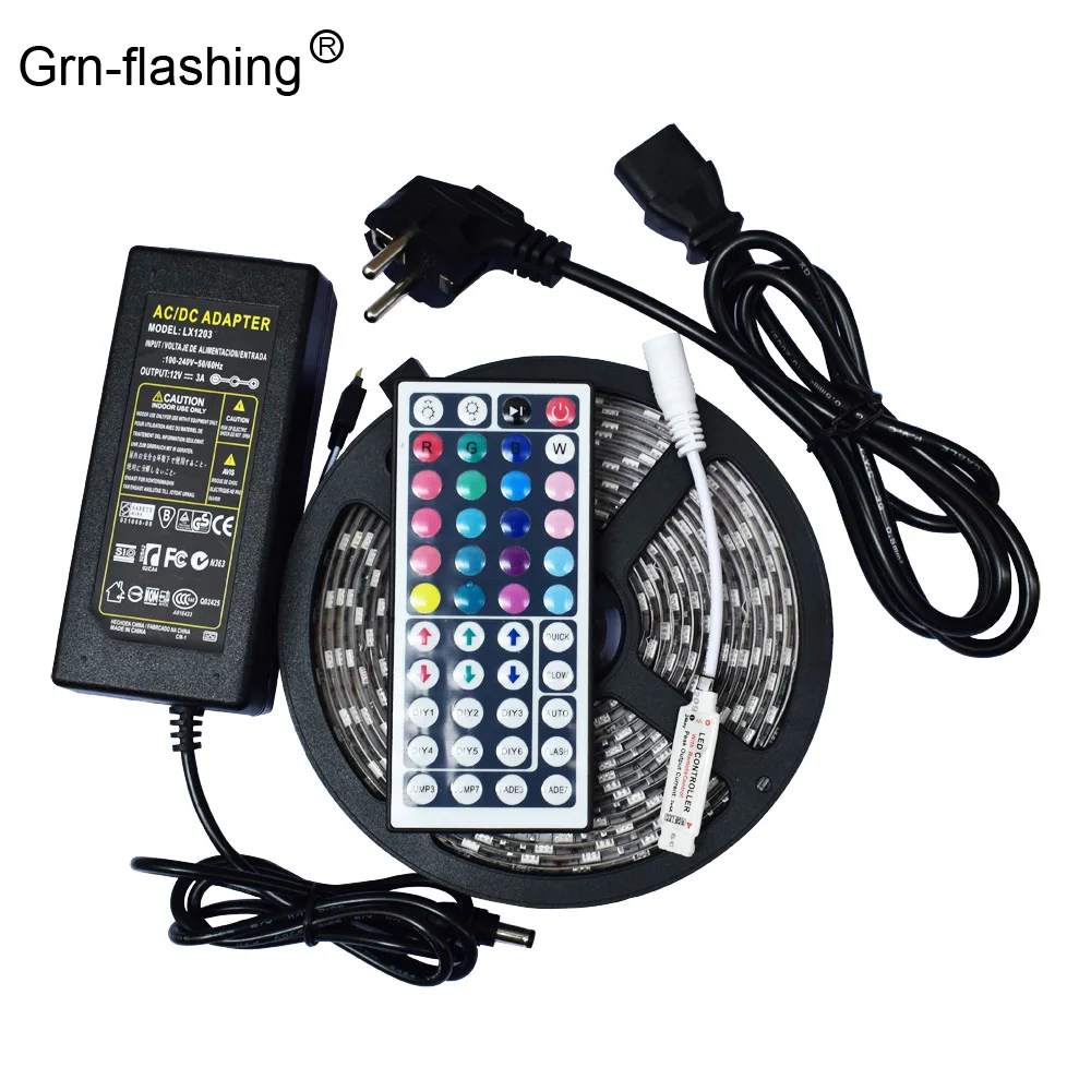 #Best 5050 IP65 Waterproof Flexible LED Strip Light 5M 60leds m RGB LED Tape with 44 Keys Remote Controller +12V 3A Power Adapter Kit