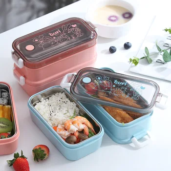 

Cartoon Lunch Box Double Layer Stainless Steel Leakproof Food Container Travel Hiking Office School Portable Kids Bento Box