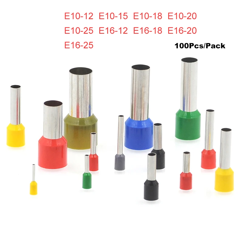 

100Pcs Tube Insulated Cord End Crimp Terminals E10-12~E16-25 Electrical Wire Cable Connector Brass Ferrules VE 10/16mm2 8/6AWG