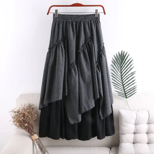 Dark Gray Осенне-зимняя новая Корейская Асимметричная клетчатая юбка, Женская винтажная Лоскутная юбка с высокой талией, уличная бальная юбка, юбки для вечеринок Mw946 - Цвет: Dark Gray