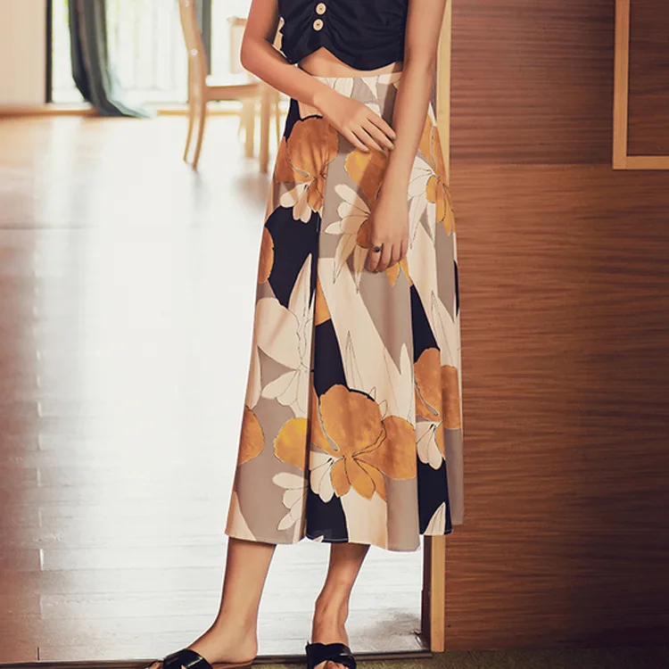 

Spring And Autumn New Style Seaside Holiday Retro Big Skirt High-waisted Printed Beauty Slit Mid-length A- line Skirt Women's Su