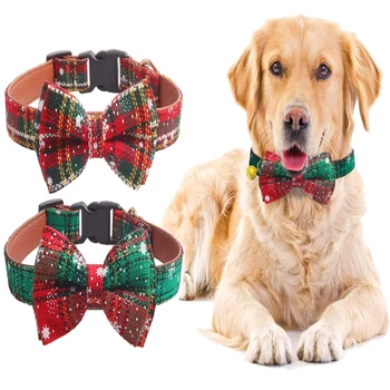 

Christmas Snowflake Dog-Collars Pet-leash Adjutable Puppy Collars Neck Circumference With Bow Tie For Dog kitten Red & Green
