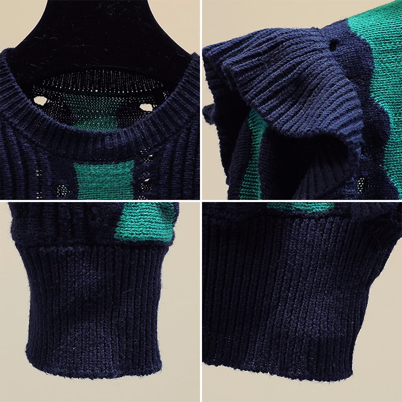 Полосатый лоскутный кардиган с воланами, женский корейский пуловер Modis с длинным рукавом, вязаные свитера, осень и зима, новое поступление
