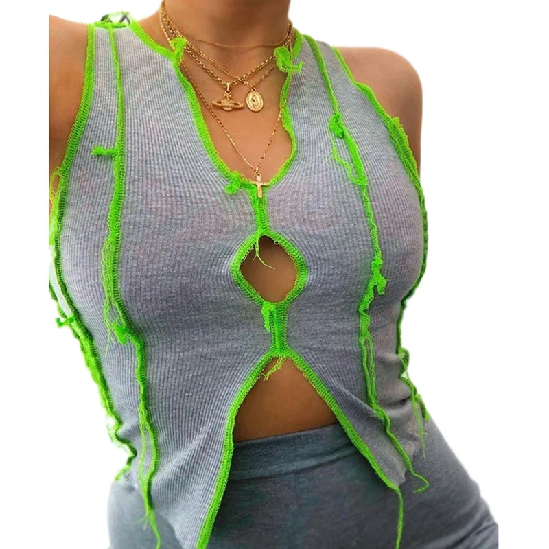 

Top Female Sleeveless V-neck Tank Top Short Gray Tops Hole Exposed Women Vest Contrast Slim Fashion Women's Cropped Top Summer