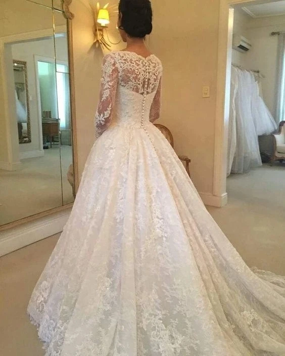 Винтажное кружевное свадебное платье с длинными рукавами Vestido de noiva с глубоким вырезом и пуговицами сзади, большие размеры, свадебные платья