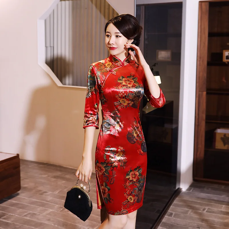 Новая Высокая мода красный Cheongsam с цветочным принтом Китайский классический