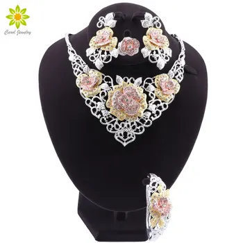 

African Wedding Jewelry Sets Fashion Necklace Earrings Ring Bracelet Crystal Jewelry Charms Flower Shape Jewelry Set
